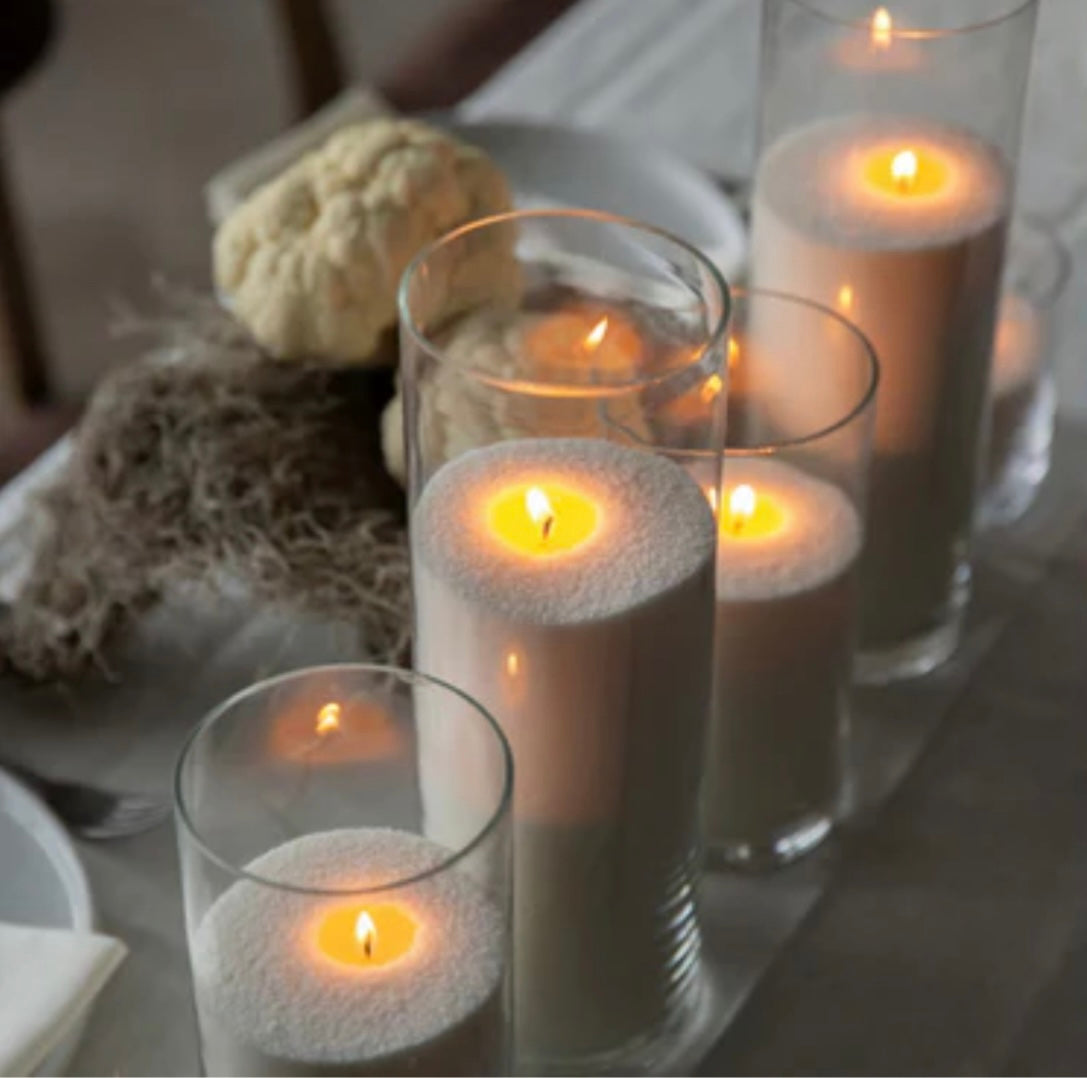 GLASS CYLINDERS FOR CANDLES + CANDLE SAND